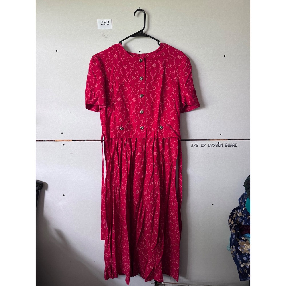 Vintage Periwinkle Red Floral Midi Dress Short Sleeve Button Front Cottagecore